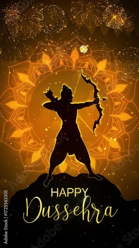 Happy Dussehra Greetings Text Background Animation With Mandala Design, Lord Ram and Fireworks.