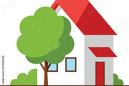 Charming house with green tree and bushes simple flat design element for real estate and home concepts isolated on transparent background
