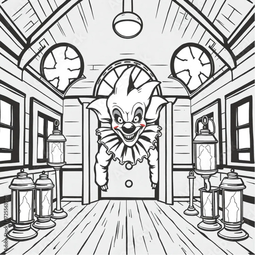 A evil clown staring through cracked windows in a abandoned schoolhouse surrounded by rusty lanterns.