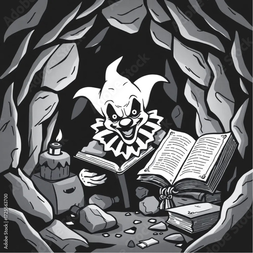 A evil clown lurking in the shadows in a mysterious cave surrounded by ancient spellbook.