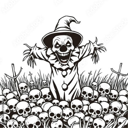 A evil clown screaming silently in a cursed scarecrow field surrounded by pile of skulls.