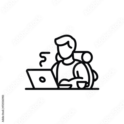 Digital nomad working remotely using laptop with backpack and coffee in simple line art style