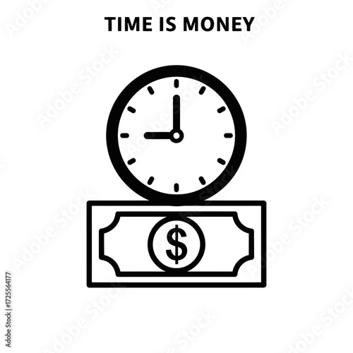 Time is money concept with clock and banknote silhouette vector illustration