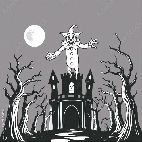 A evil clown hovering above the ground in a dark castle surrounded by twisted trees.