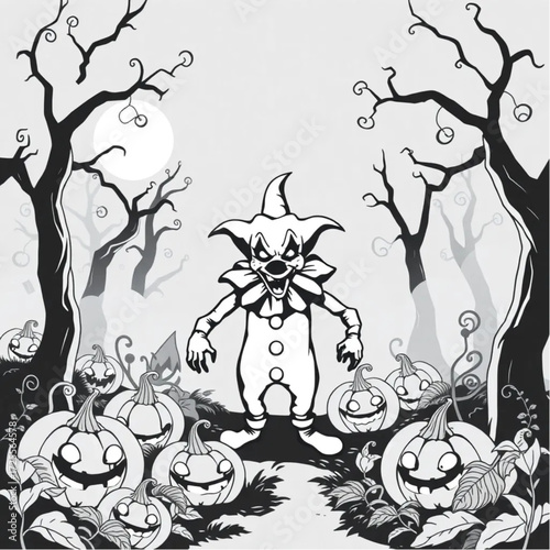 A evil clown emerging from the fog in a twisted pumpkin forest surrounded by enchanted broomstick.
