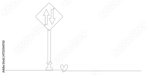 continuous line art of a traffic sign or directional sign meaning two-way street