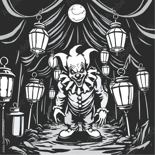 A evil clown creeping through the darkness in a abandoned carnival surrounded by rusty lanterns.