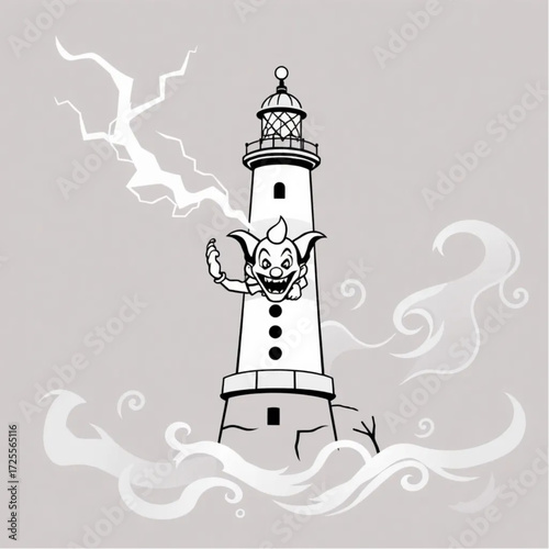 A evil clown appearing in a sudden flash of lightning in a haunted lighthouse surrounded by swirling mist.