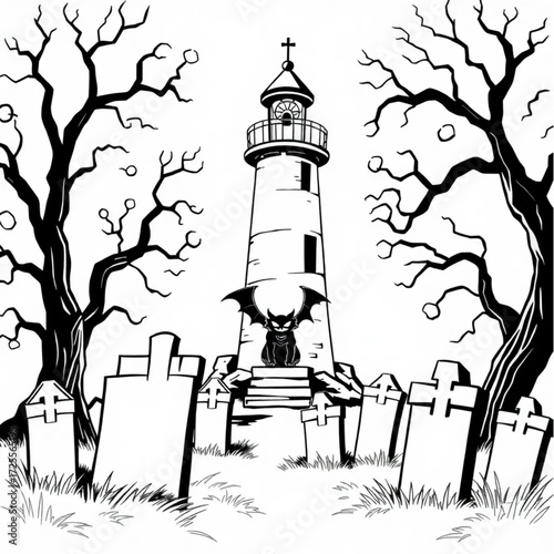 A demon watching from behind the tombstones in a haunted lighthouse surrounded by twisted trees.