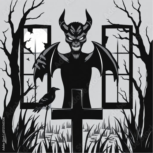 A demon staring through cracked windows in a moonlit swamp surrounded by raven perched on a cross.