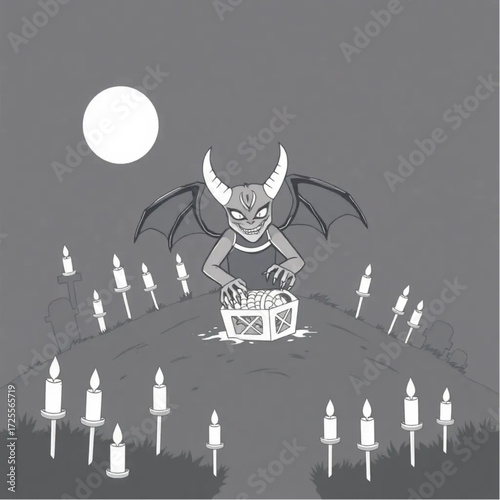 A demon guarding a hidden treasure in a shadowy cemetery hill surrounded by floating candles.