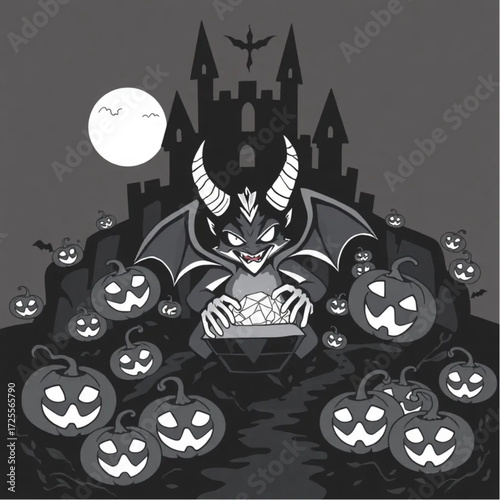 A demon guarding a hidden treasure in a dark castle surrounded by glowing jack-o'-lanterns.