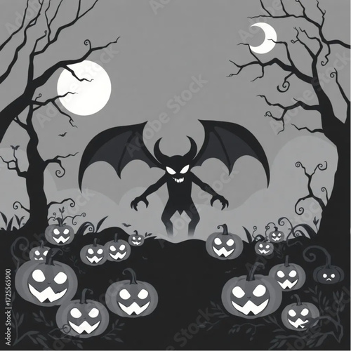 A demon emerging from the fog in a dark enchanted garden surrounded by glowing jack-o'-lanterns.