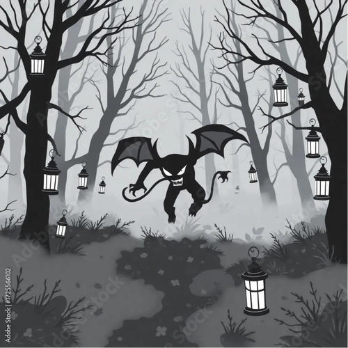 A demon chasing through the mist in a creepy forest surrounded by rusty lanterns.