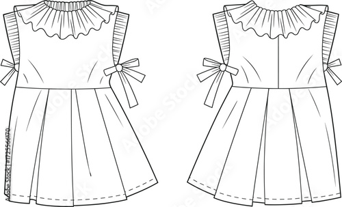 Vector fashion illustration of children dress with ruffle neckline, puff short sleeves, waist bows, pleated skirt, front and back technical view