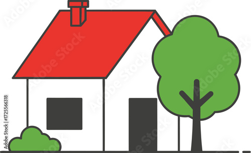 Simple cartoon house and green tree charming dwelling scene ideal for various designs isolated on transparent background