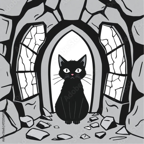 A black cat staring through cracked windows in a ancient crypt surrounded by broken mirror.