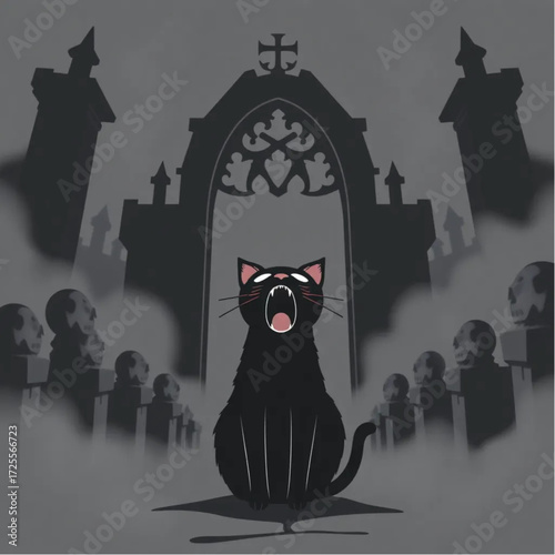 A black cat screaming silently in a dark castle surrounded by fog-shrouded statues.
