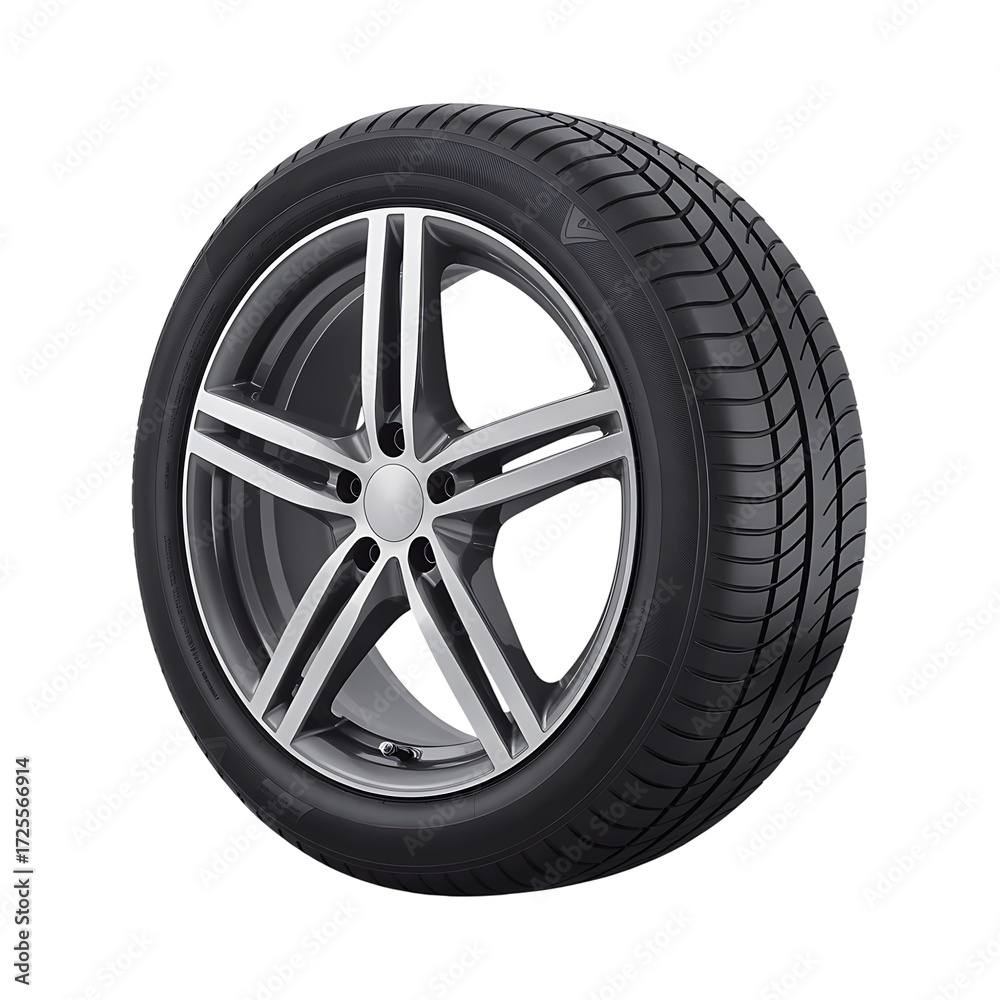 Obraz premium Modern alloy wheel and tire assembly automotive part isolated on black isolated on transparent background
