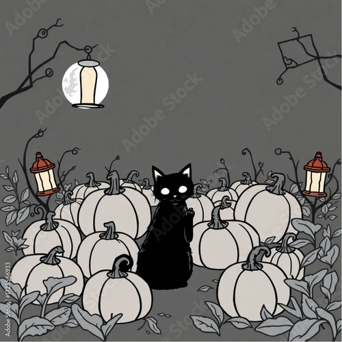 A black cat gathering for a midnight ritual in a pumpkin patch surrounded by rusty lanterns.