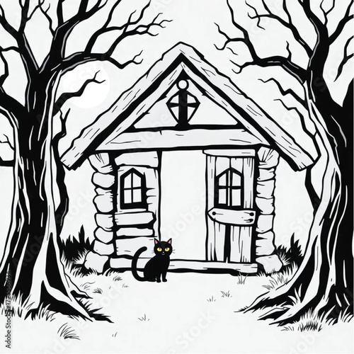 A black cat lurking in the shadows in a old witch's cabin surrounded by twisted trees.