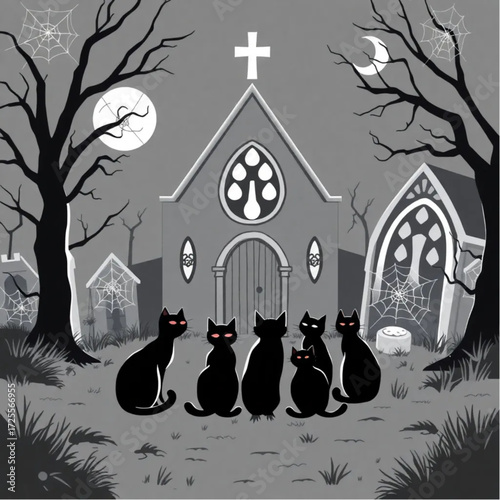 A black cat gathering for a midnight ritual in a gloomy churchyard surrounded by spider webs.