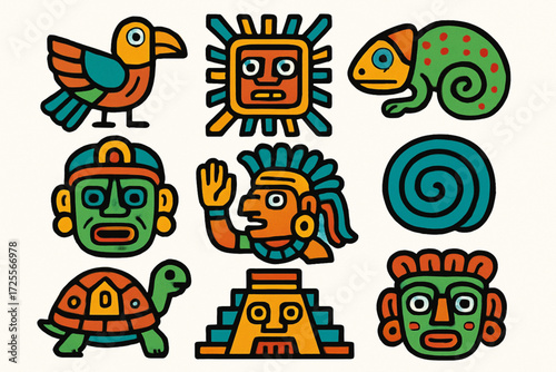 Cartoon Mesoamerican Symbol Illustration with Tribal Designs and Vibrant Cultural Motifs