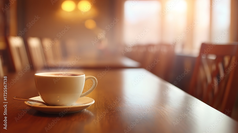 Obraz premium Cafe Morning Elegance, Steaming Latte Cup, Warm Tones and Cozy Feel