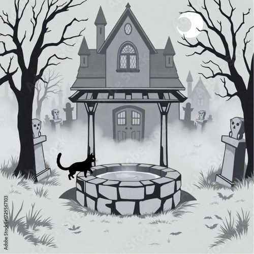 A black cat floating near the old well in a haunted mansion surrounded by fog-shrouded statues.