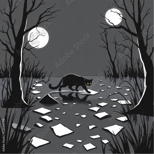 A black cat creeping through the darkness in a moonlit swamp surrounded by broken mirror.
