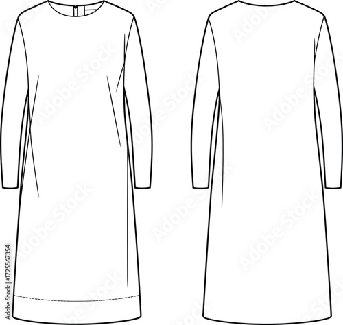 Vector fashion illustration of long sleeve straight silhouette dress with round neckline, hem seam detail, front closure, front and back technical view