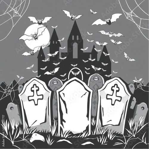 A bat swarm watching from behind the tombstones in a dark castle surrounded by spider webs.