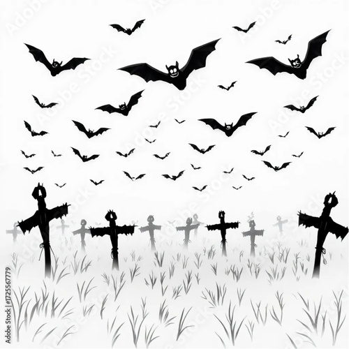 A bat swarm wandering aimlessly in a cursed scarecrow field surrounded by fog-shrouded statues.