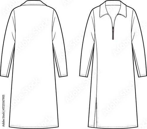 Vector fashion illustration of long sleeve knee length dress with shirt collar, half zip front, side slit, front and back technical view