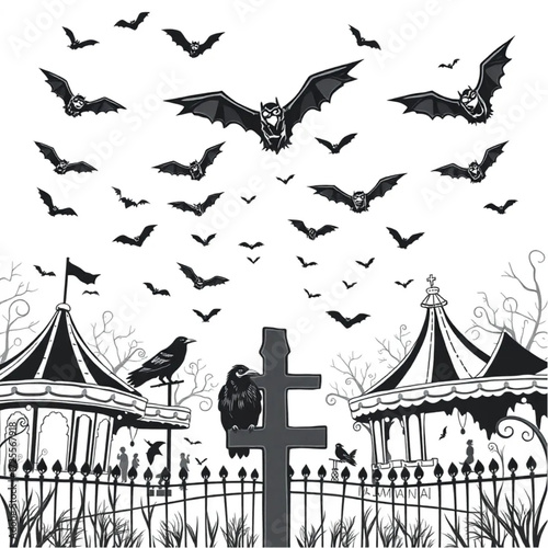 A bat swarm hovering above the ground in a haunted amusement park surrounded by raven perched on a cross.