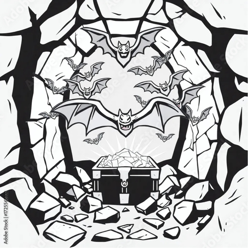 A bat swarm guarding a hidden treasure in a ancient crypt surrounded by broken mirror.