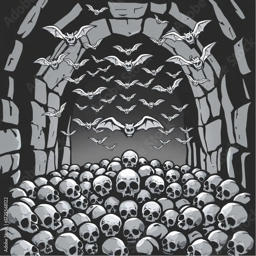 A bat swarm gathering for a midnight ritual in a ancient crypt surrounded by pile of skulls.