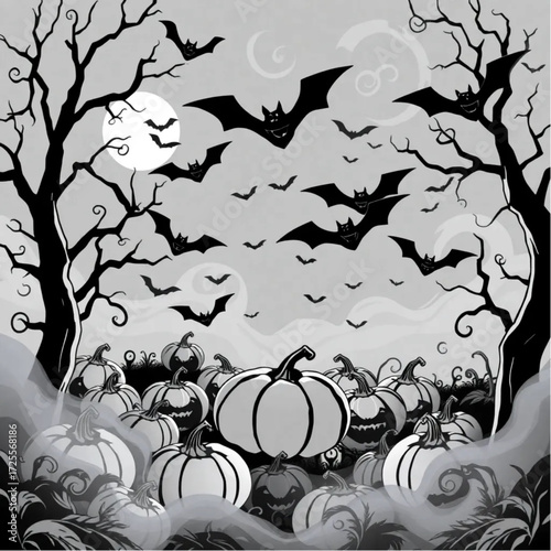 A bat swarm gathering for a midnight ritual in a twisted pumpkin forest surrounded by swirling mist.