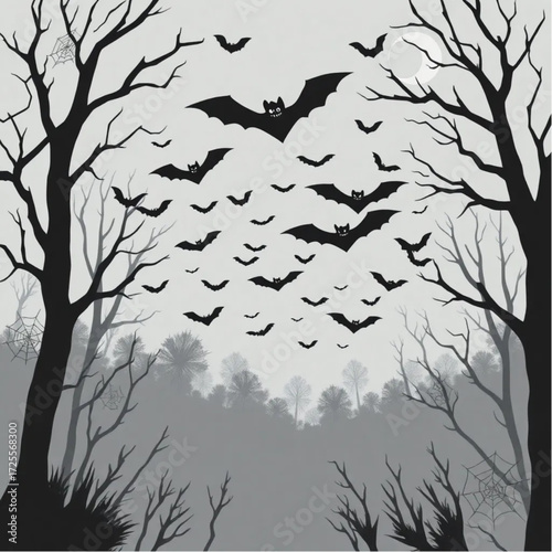 A bat swarm emerging from the fog in a creepy forest surrounded by spider webs.