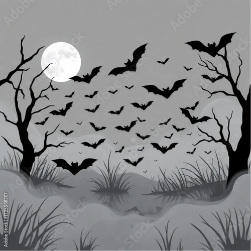 A bat swarm dancing under the moonlight in a moonlit swamp surrounded by swirling mist.