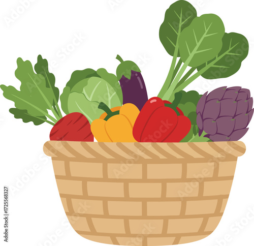 Fresh vegetable basket featuring artichoke eggplant peppers spinach and more healthy produce isolated on transparent background