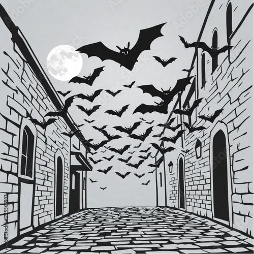 A bat swarm dancing under the moonlight in a cobblestone alley surrounded by blood-stained moon.