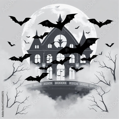 A bat swarm chasing through the mist in a decaying opera house surrounded by blood-stained moon.