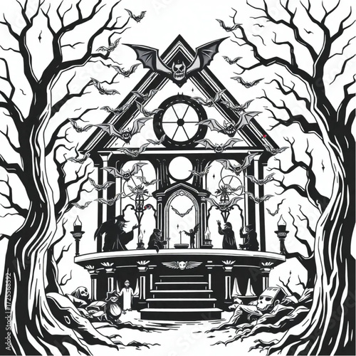 A bat swarm chanting ancient spells in a decaying opera house surrounded by twisted trees.