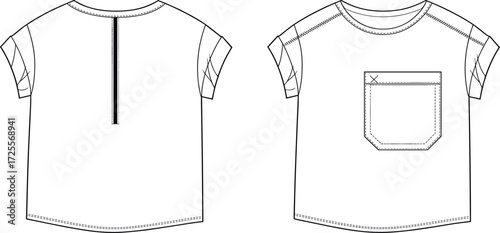 Vector fashion illustration of short sleeve t‑shirt with chest pocket, cuffed sleeves, curved hem, back seam detail, front and back view