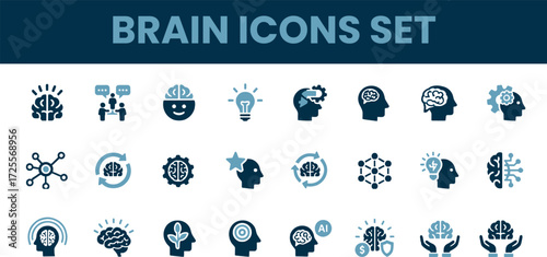 Brain icon set. Mind, neuron, cognition, thinking, brainstorming, intelligence, psychology. Solid vector icons collection.