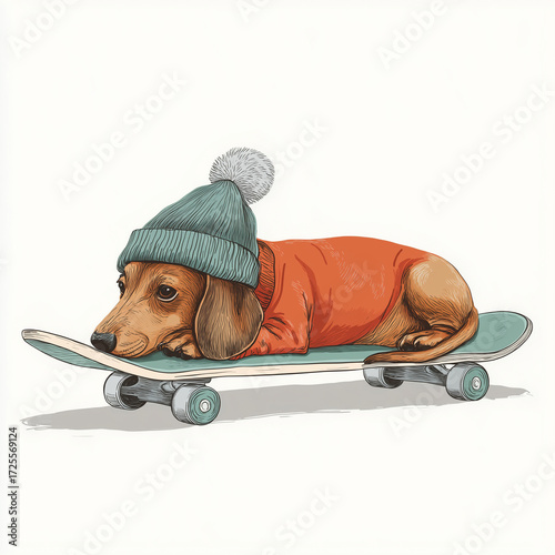 Illustration of Dachshund Dog with Beanie on Skateboard