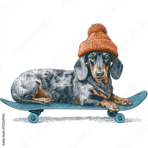 Illustration of Dachshund Dog with Beanie on Skateboard