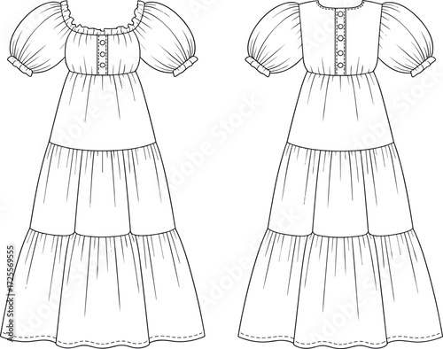 Vector fashion illustration of tiered maxi dress with puff sleeves, square neckline, button placket, ruffle trim, front and back detailed view