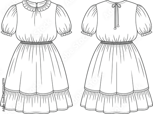 Vector fashion illustration of puff sleeve tiered dress with ruffle collar, scalloped hem, fitted waist, keyhole back, front and back view